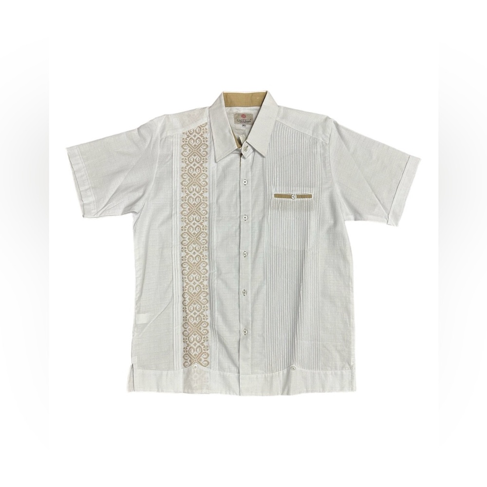Men’s Linen White Guayabera with Tan Embroidery Short Sleeve